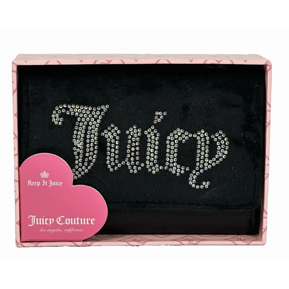Juicy Couture Black Rhinestone Logo Trifold Wallet Faux Leather NWT Gift Box
